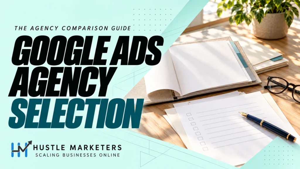 Google Ads Agency Selection cover showing a linen proposal portfolio, blank proposal folders, an unticked review worksheet, reading glasses, and a blue fountain pen.