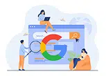 Google Business Profile optimization illustration with the Google logo and search