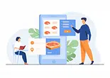 Multi-location restaurant SEO illustration with online food ordering on a screen