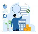 Bid strategy and budget optimization illustration with an analyst, calculator and coins