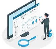 Conversion tracking setup illustration with an analytics dashboard and magnifying glass