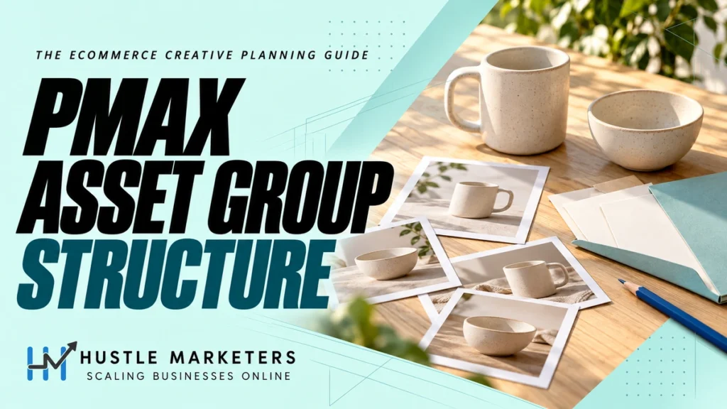 Performance Max Asset Group Structure cover showing unbranded ceramic products, printed product photo cards, blank creative brief cards, a teal folder, and a blue pencil.