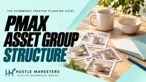 Performance Max Asset Group Structure cover showing unbranded ceramic products, printed product photo cards, blank creative brief cards, a teal folder, and a blue pencil.
