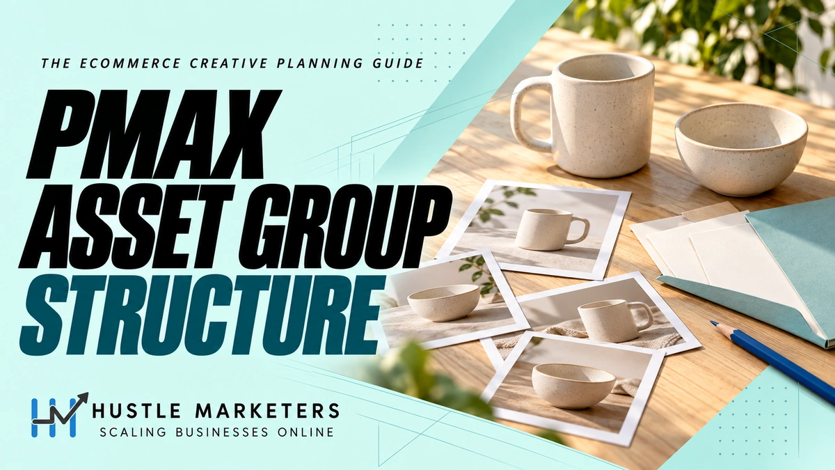 Performance Max Asset Group Structure cover showing unbranded ceramic products, printed product photo cards, blank creative brief cards, a teal folder, and a blue pencil.
