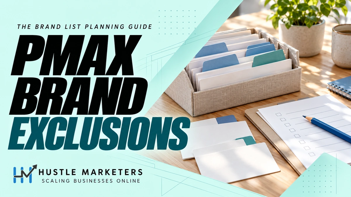Performance Max Brand Exclusions cover showing a linen file organizer, blank brand-review cards with blue and teal tabs, an unticked checklist, and blue pencil.