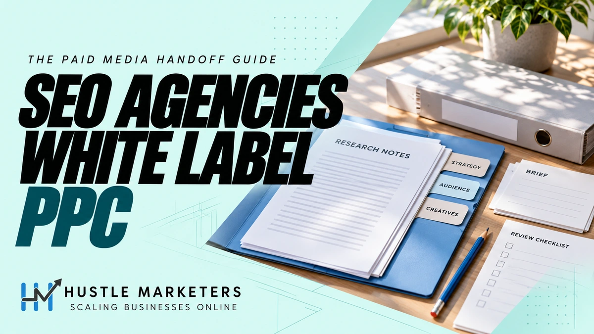 SEO Agencies White Label PPC cover showing an open project folder, tabbed research notes, brief cards, a binder, a blue pencil, and an unticked review checklist.