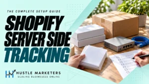 Shopify Server Side Tracking cover showing shipping packages, blank order cards, a network device, a blue cable, and an unticked setup checklist.