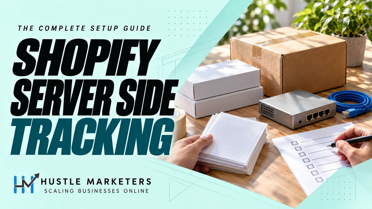 Shopify Server Side Tracking cover showing shipping packages, blank order cards, a network device, a blue cable, and an unticked setup checklist.