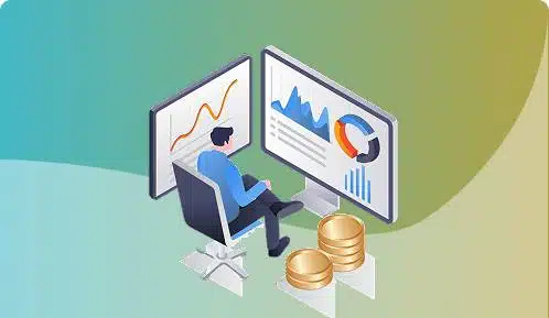 Marketer analyzing growth dashboards beside stacks of coins, faster market expansion without hiring