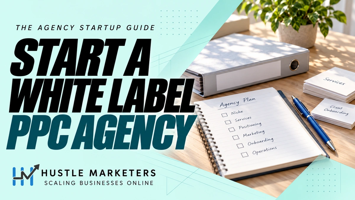 Start a White Label PPC Agency cover showing an open notebook, project binder, service-planning cards, an unticked onboarding checklist, and a blue pen.