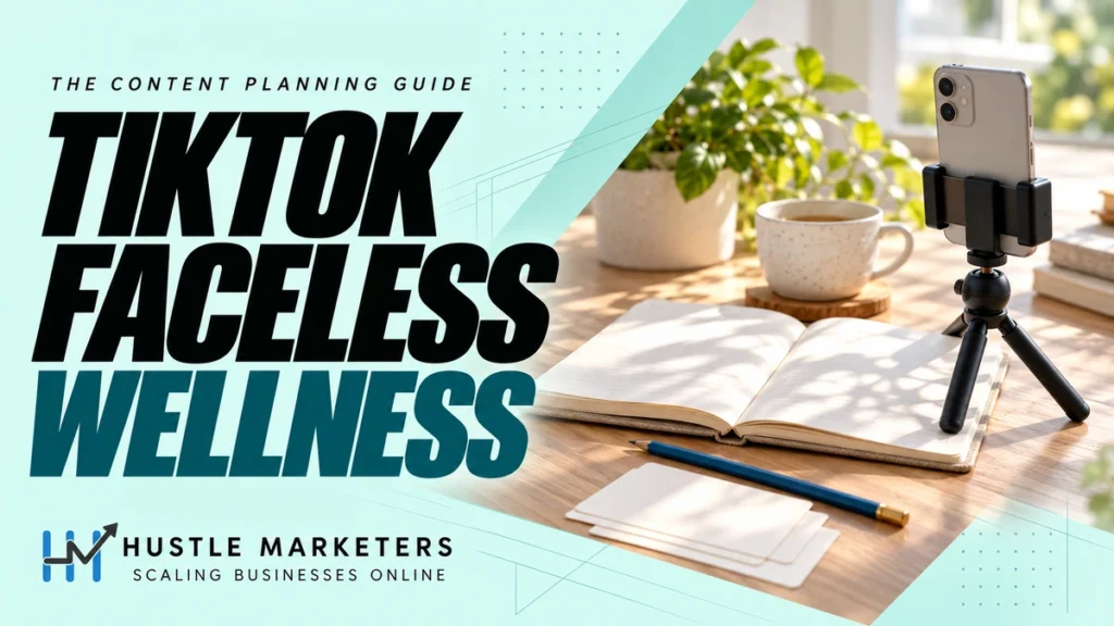 TikTok Faceless Wellness cover showing a smartphone on a tabletop tripod beside an open journal, ceramic teacup, blank storyboard cards, and a blue pencil.