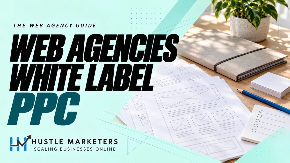 Web Agencies White Label PPC cover showing paper website-layout sketches, a project folder, blank brief cards, a blue pencil, and an unticked checklist.