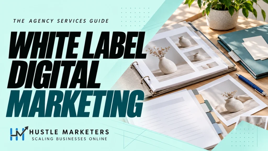 White Label Digital Marketing cover showing a project binder, unbranded product photo contact sheets, blank creative-brief cards, teal folder, and blue pen.
