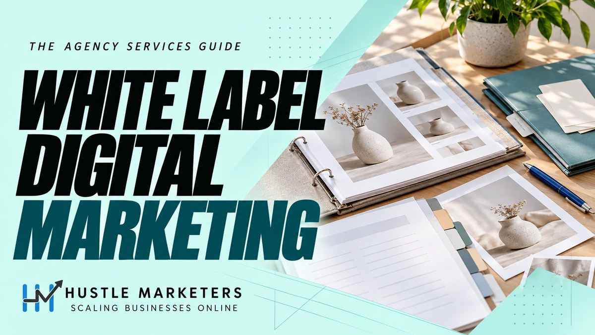White Label Digital Marketing cover showing a project binder, unbranded product photo contact sheets, blank creative-brief cards, teal folder, and blue pen.