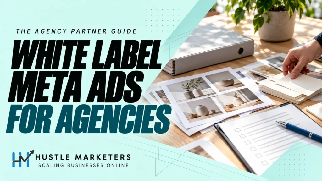 White Label Meta Ads for Agencies cover showing a project binder, product photo contact sheets, blank creative-brief cards, and an unticked onboarding checklist.