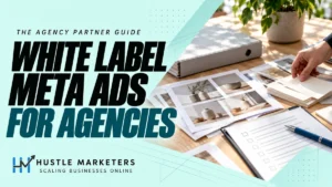 White Label Meta Ads for Agencies cover showing a project binder, product photo contact sheets, blank creative-brief cards, and an unticked onboarding checklist.