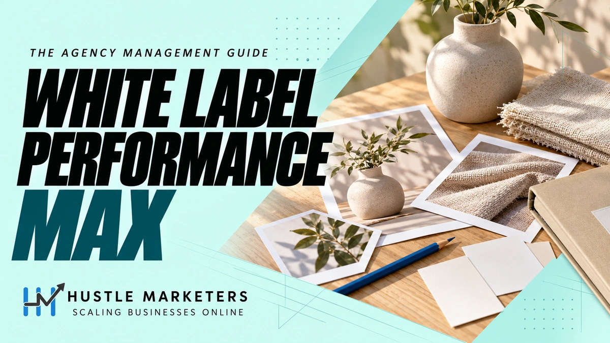 White Label Performance Max cover showing a ceramic vase, folded fabric, printed product photos, blank creative-brief cards, a project folder, and a blue pencil.
