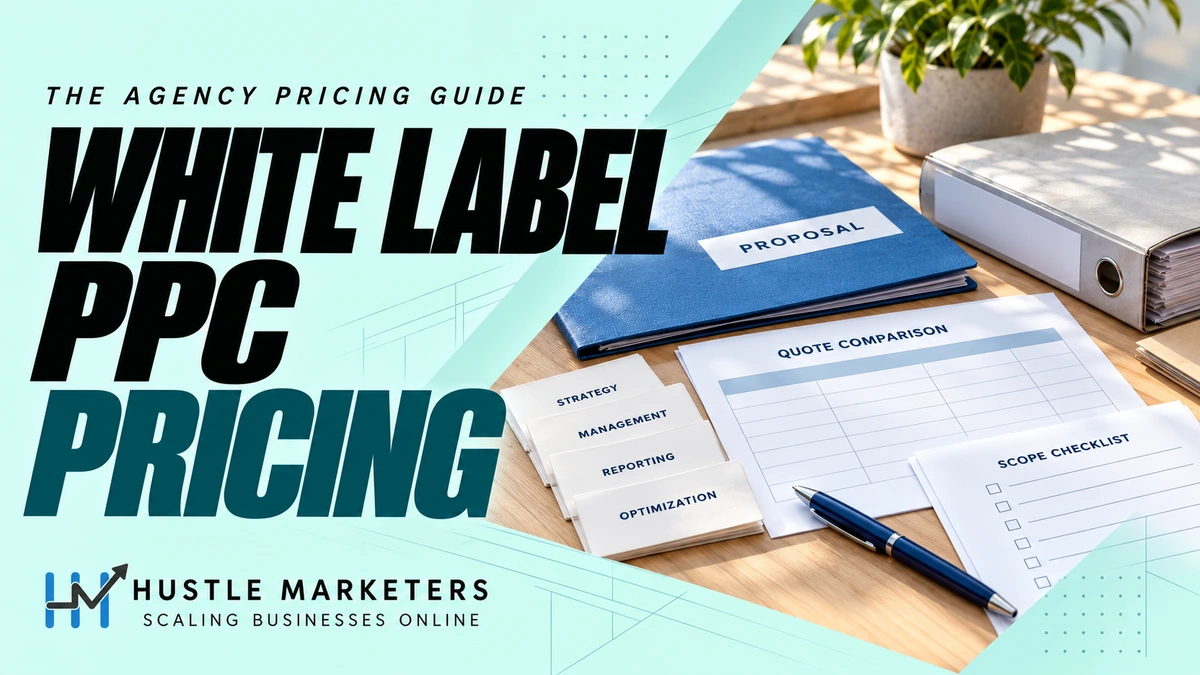 White Label PPC Pricing cover showing a proposal folder, scope binder, blank quote-comparison worksheets, service cards, a blue pen, and an unticked scope checklist.