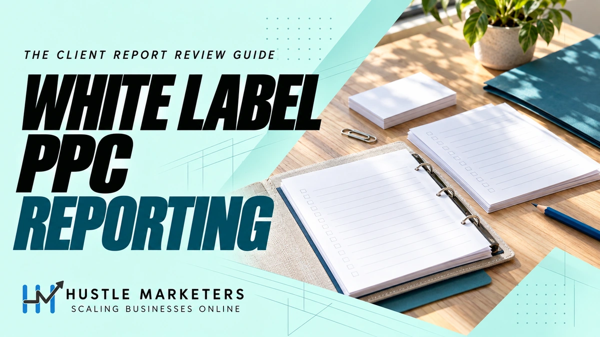 White Label PPC Reporting cover showing an open linen report binder, blank lined worksheets, brief cards, a teal folder, paper clip, and blue pencil.
