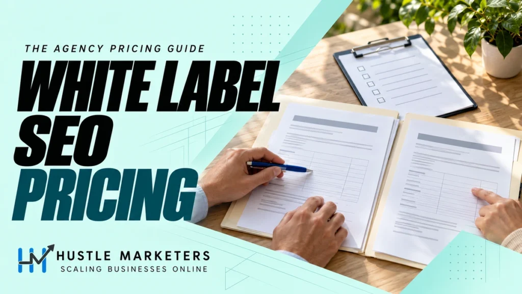 White Label SEO Pricing cover showing two proposal folders, blank quote-comparison worksheets, a blue pen, and an unticked scope checklist.