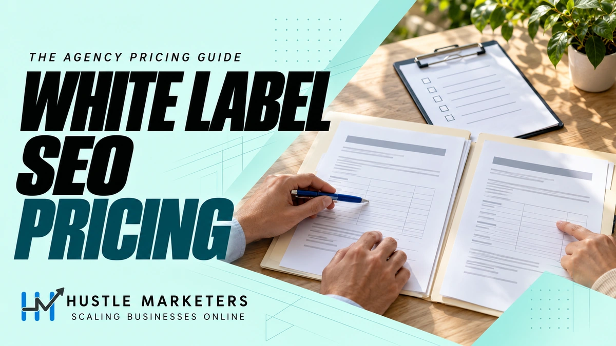White Label SEO Pricing cover showing two proposal folders, blank quote-comparison worksheets, a blue pen, and an unticked scope checklist.