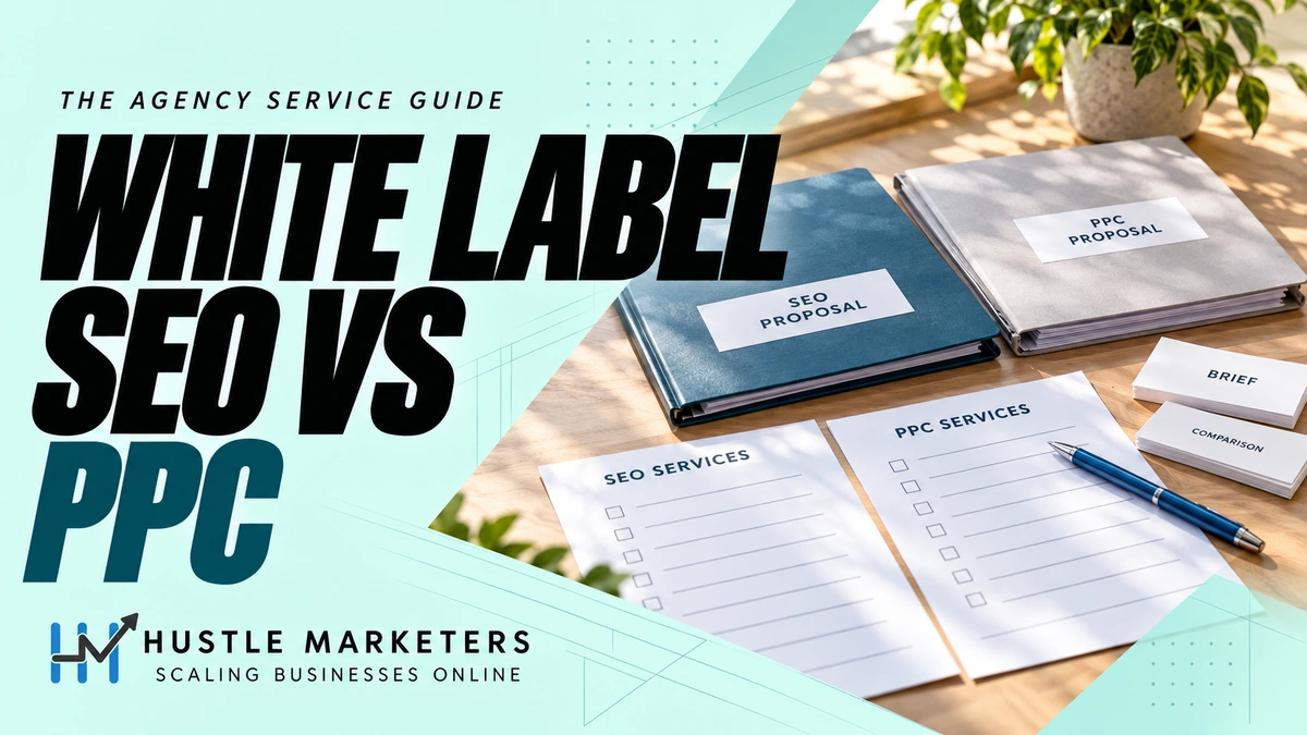 White Label SEO vs PPC cover showing two proposal folders, service comparison worksheets, brief cards, a blue pen, and unticked checklists.