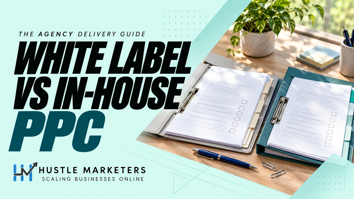 White Label vs In-House PPC cover showing two project folders, blank scope worksheets, unticked review checklists, a blue pen, and briefing notes.