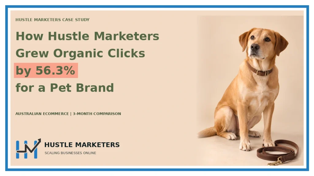 Case study cover: How Hustle Marketers. Grew Organic Clicks. by 56.3%. for a Pet Brand. AUSTRALIAN ECOMMERCE | 3-MONTH COMPARISON. Topic scene is illustrative.