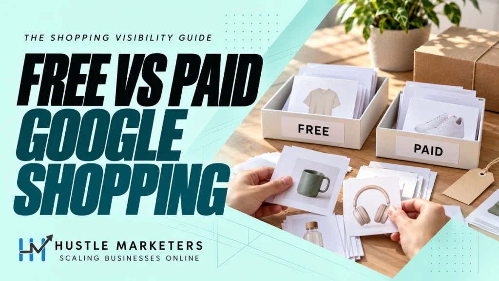 Free vs Paid Google Shopping cover showing hands sorting unbranded product cards into separate free and paid trays.