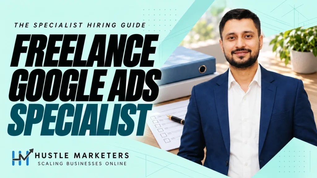 Freelance Google Ads Specialist cover featuring Ishant Sharma in his navy blue blazer beside proposal folders and an unticked hiring checklist.
