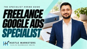 Freelance Google Ads Specialist cover featuring Ishant Sharma in his navy blue blazer beside proposal folders and an unticked hiring checklist.