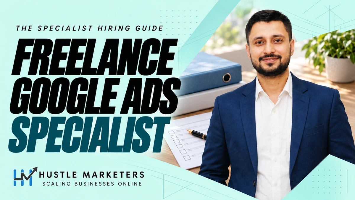 Freelance Google Ads Specialist cover featuring Ishant Sharma in his navy blue blazer beside proposal folders and an unticked hiring checklist.
