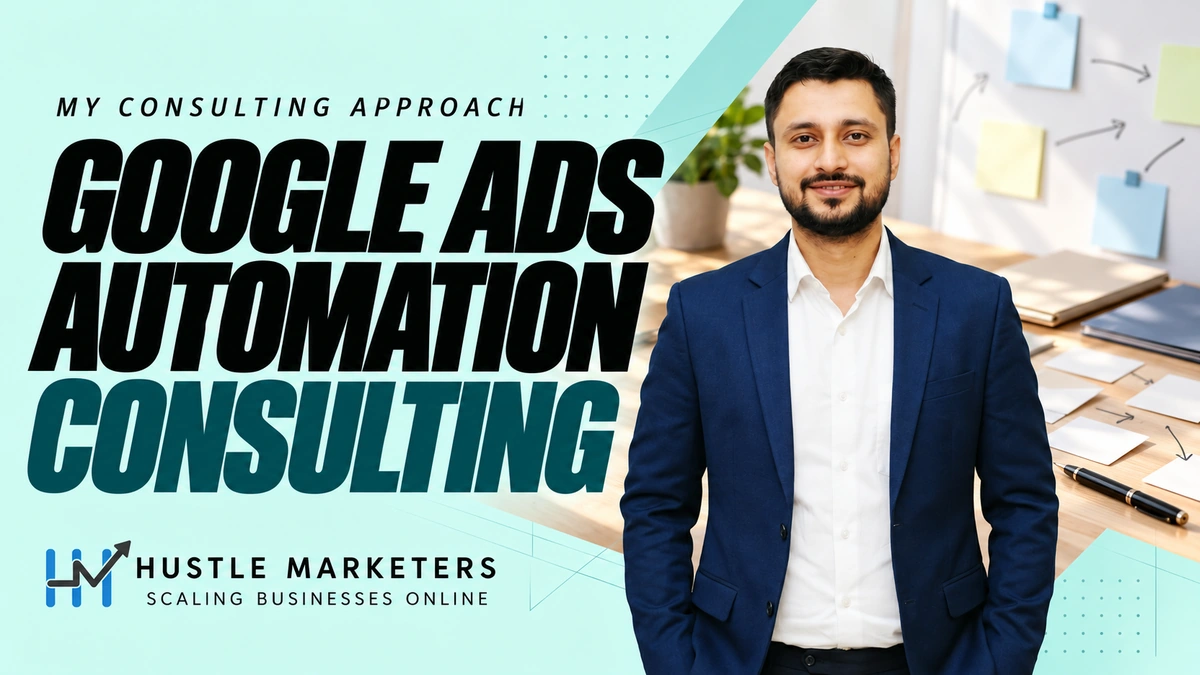 Google Ads Automation Consulting cover featuring Ishant Sharma in a navy blue blazer beside blank strategy cards and planning folders.