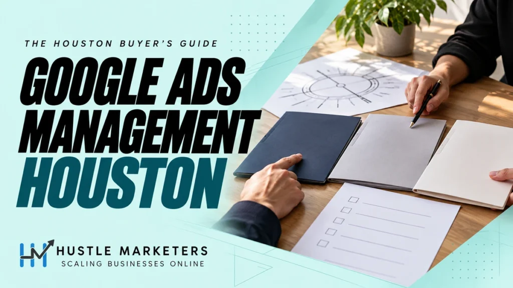 Google Ads Management Houston cover showing hands comparing anonymous proposals and an unticked checklist beside an abstract road-ring planning sheet.