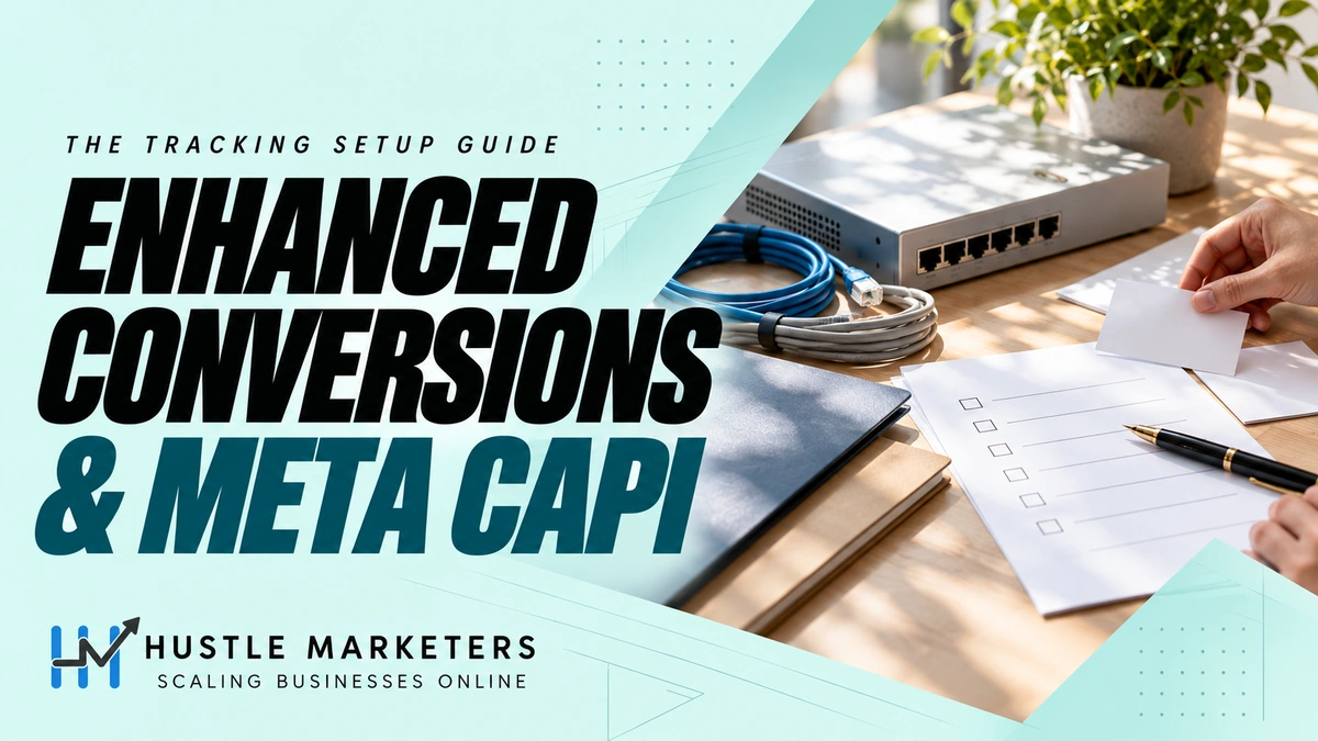 Enhanced Conversions and Meta CAPI setup cover showing a network device, coiled cables, project folders, and a blank tracking review checklist.