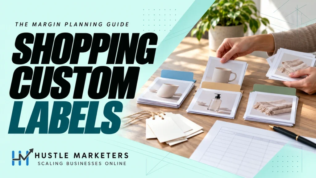 Shopping Custom Labels cover showing hands organizing unbranded product cards with colored tabs and blank physical tag cards.