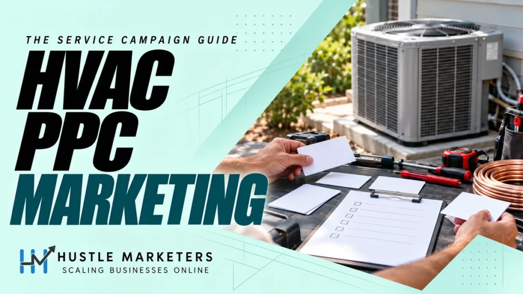 HVAC PPC Marketing cover showing hands reviewing blank service-planning cards beside an unbranded air-conditioning unit and technician tools.