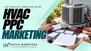 HVAC PPC Marketing cover showing hands reviewing blank service-planning cards beside an unbranded air-conditioning unit and technician tools.
