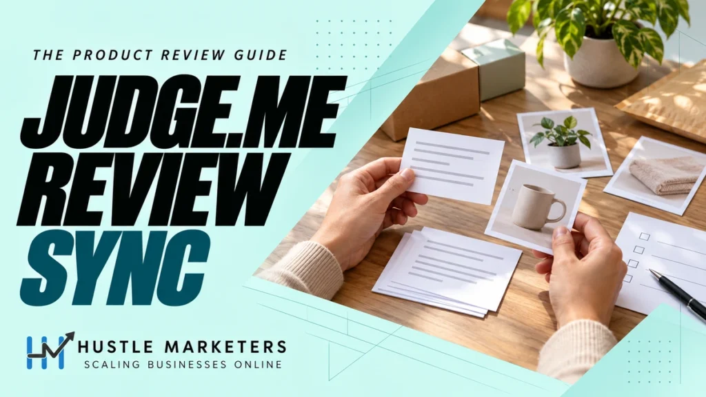 Judge.me Review Sync cover showing hands pairing neutral review cards with unbranded product cards beside an unticked checklist.