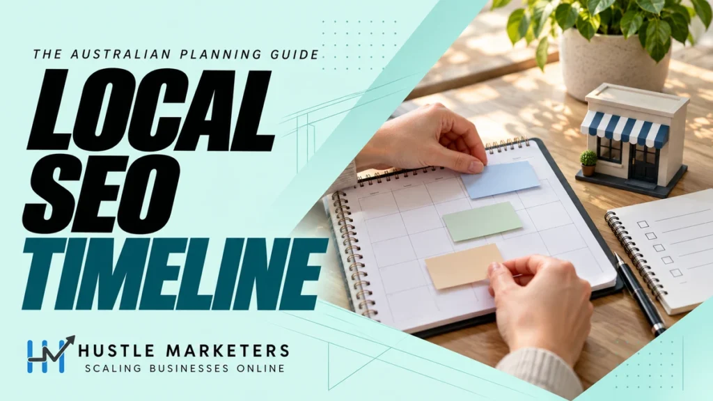 Local SEO Timeline cover showing hands arranging blank planning cards beside a simple calendar and unbranded miniature shopfront.