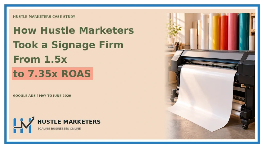 Case study cover: How Hustle Marketers. Took a Signage Firm. From 1.5x. to 7.35x ROAS. GOOGLE ADS | MAY TO JUNE 2026. Topic scene is illustrative.