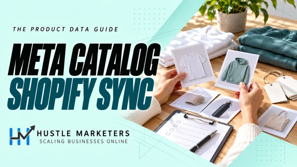 Meta Catalog Shopify Sync cover showing hands reviewing unbranded product photo cards, folded clothing and an unticked checklist.
