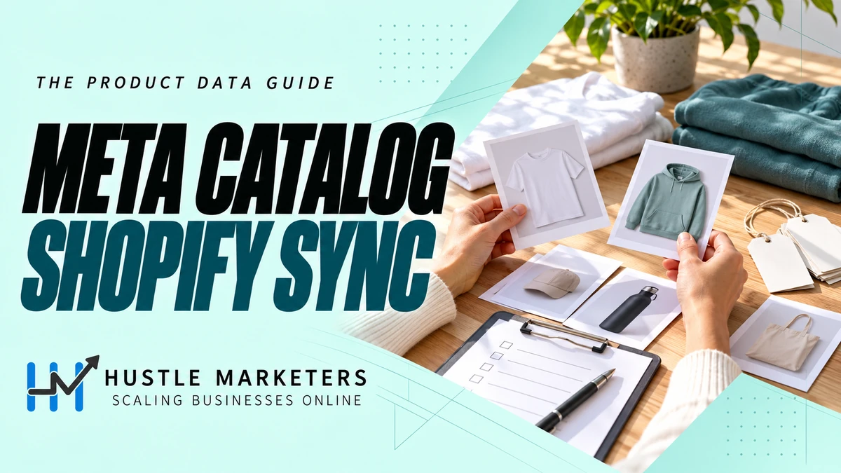Meta Catalog Shopify Sync cover showing hands reviewing unbranded product photo cards, folded clothing and an unticked checklist.