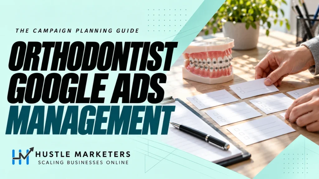 Orthodontist Google Ads Management cover showing hands arranging blank appointment-planning cards beside an orthodontic study model.