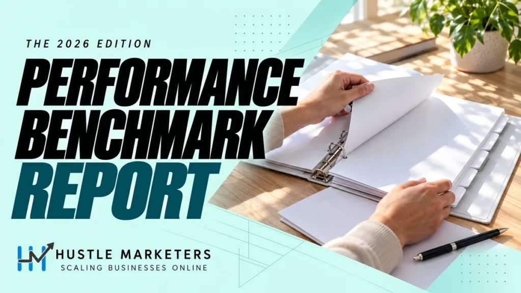 Performance Benchmark Report cover showing hands reviewing a binder with blank report pages and tabs on a desk.