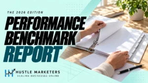 Performance Benchmark Report cover showing hands reviewing a binder with blank report pages and tabs on a desk.