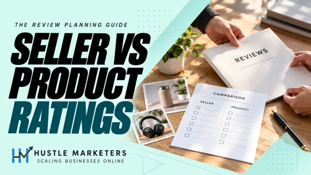 Seller vs Product Ratings cover showing hands comparing a neutral store-service review folder and unbranded product cards.