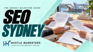 SEO Sydney cover showing hands comparing anonymous proposals and an unticked checklist with illustrative harbor context.