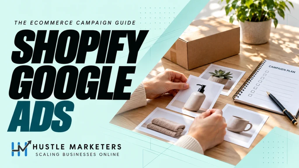 Shopify Google Ads cover showing hands arranging unbranded product cards beside a parcel, store items and an unticked campaign-planning checklist.