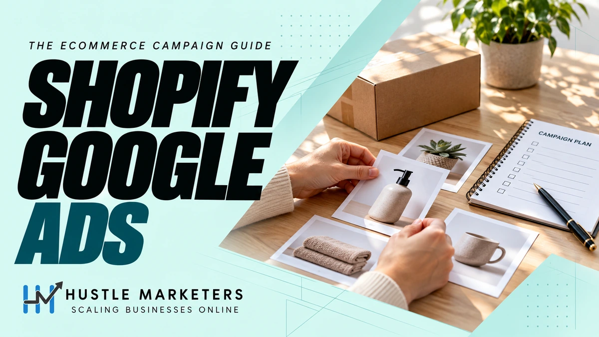 Shopify Google Ads cover showing hands arranging unbranded product cards beside a parcel, store items and an unticked campaign-planning checklist.